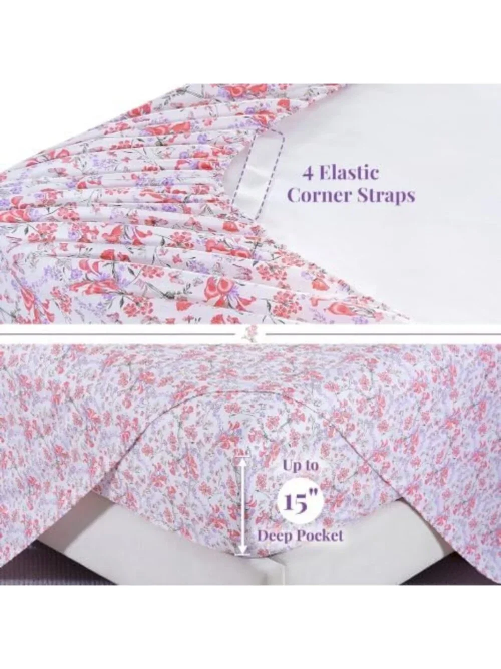 Floral 100% Cotton Queen Sheets Set, Pink Flower Print, Soft & Cozy Bedding